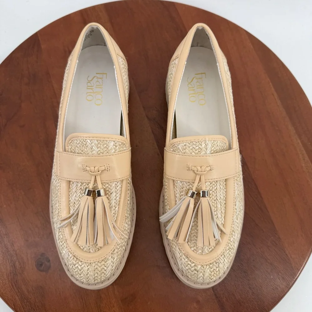 Franco Sarto Carney3 Beige Woven Raffia Tassel Lug Sole Loafers Womens 8M EUR 38